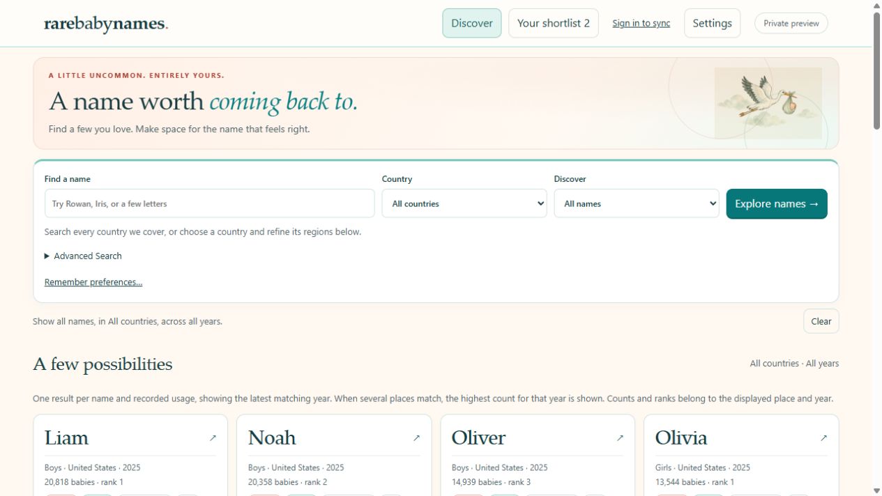 Screenshot of the Rare Baby Names development site, showing name search, country filters, and discovery cards.